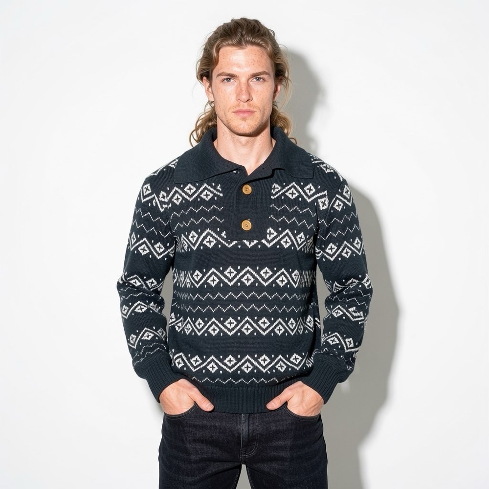 RICHMAN BROTHERS FAIR ISLE SHAWL COLLAR SWEATER  VINTAGE 60s 70s MEN'S MEDIUM